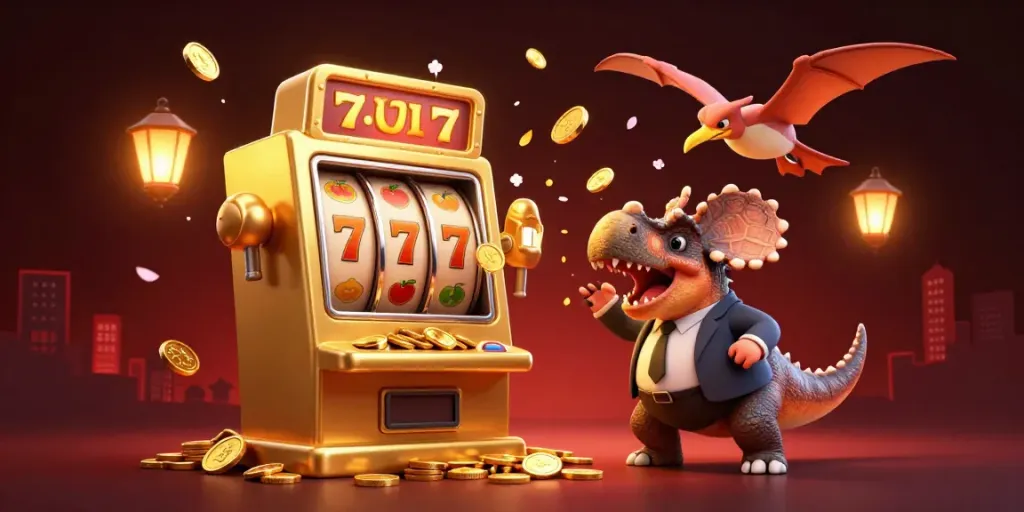 GO88 slot machine pays out coins as a pachycephalosaurus celebrates, captured in a vibrant casino scene.