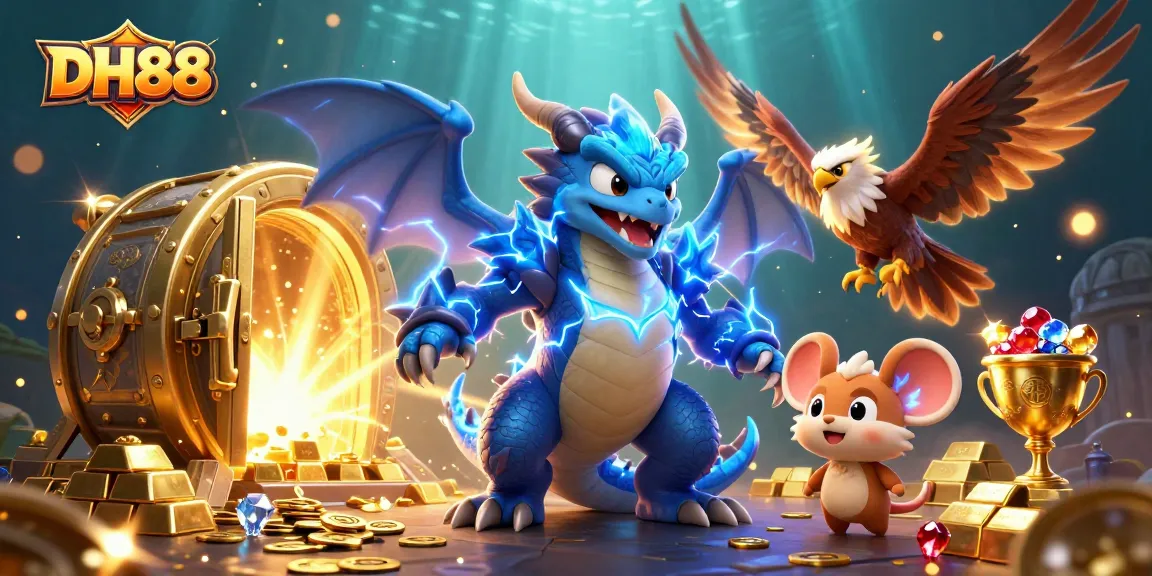Experience exciting gameplay at DH88 with vibrant characters and treasures in a dynamic casino scene.