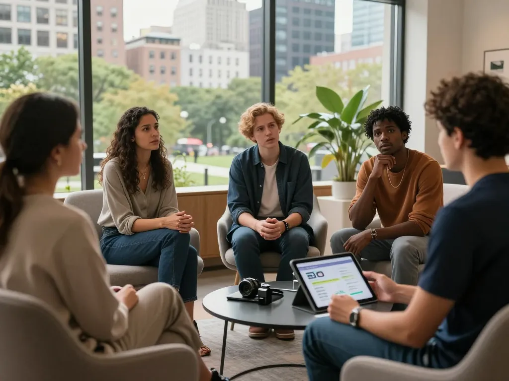 Engaging discussion about the impact of sex AI on modern relationships in an urban setting with diverse individuals.