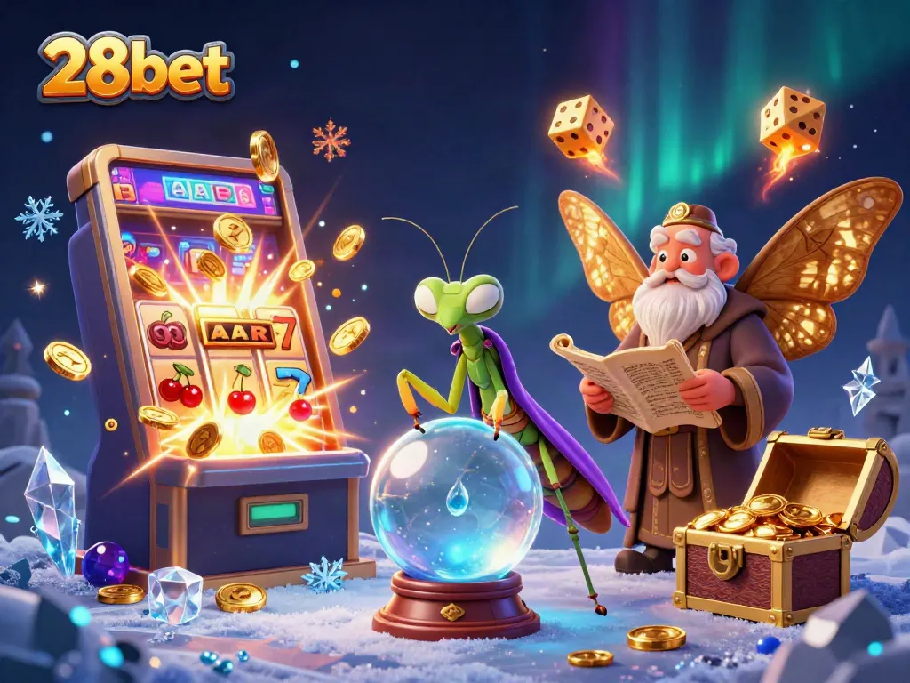 Experience thrilling wins with 28bet's lively casino scene featuring vibrant slot machines and characters.
