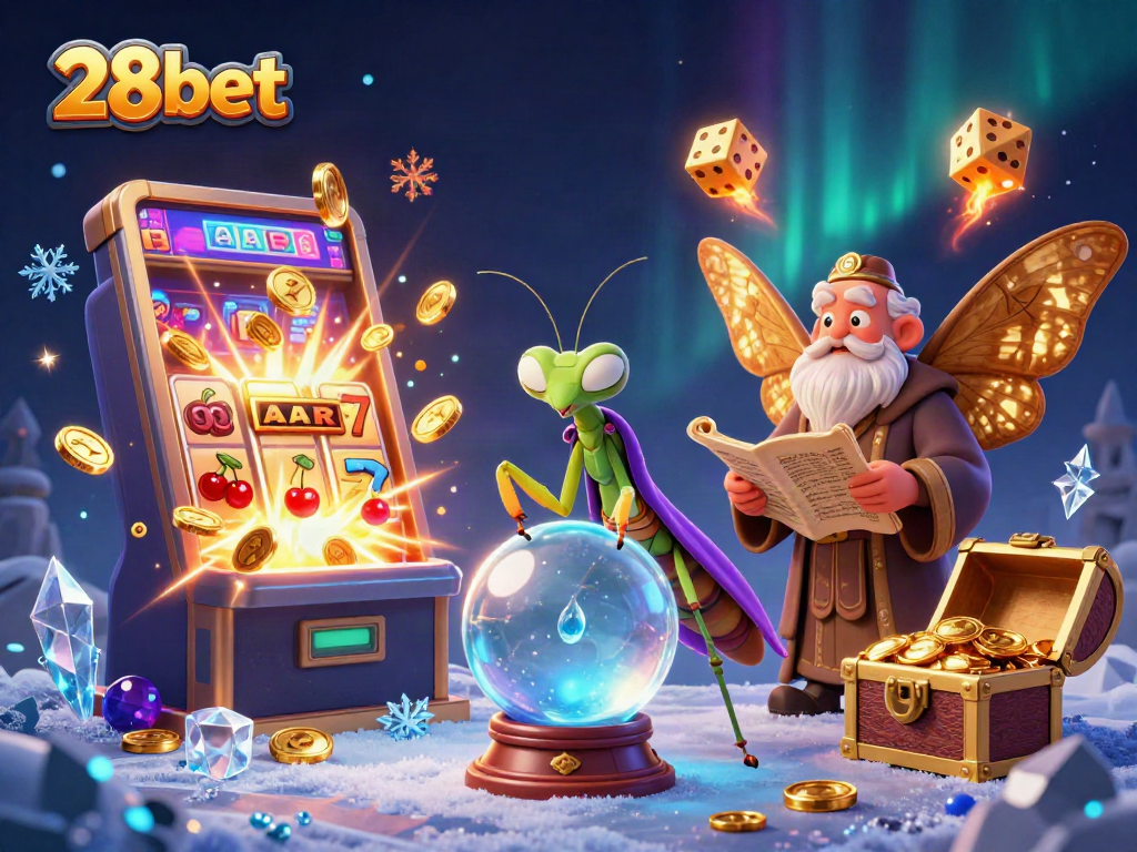 Experience thrilling wins with 28bet's lively casino scene featuring vibrant slot machines and characters.