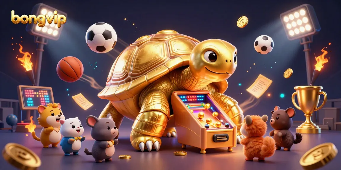 Bongvip's dynamic casino scene showcases a golden tortoise pinball machine amid excited animals, enhancing thrilling gameplay.