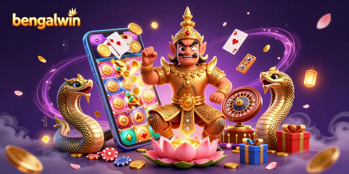 Bengalwin offers exciting gaming opportunities surrounded by vibrant casino elements including slot games and golden coins.