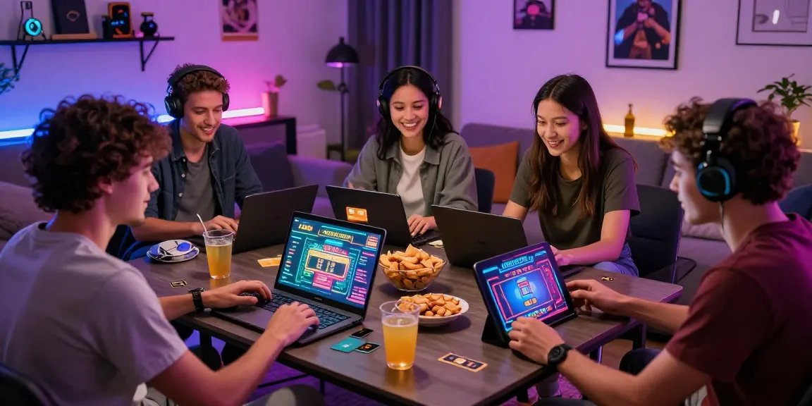Friends enjoying credit card casinos at home with laptops and snacks