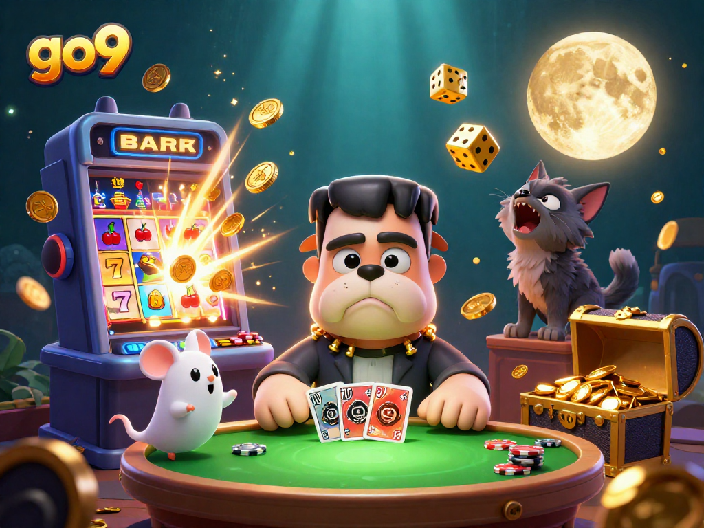 Experience big wins at go9 with a thrilling casino scene featuring vibrant characters and game elements.