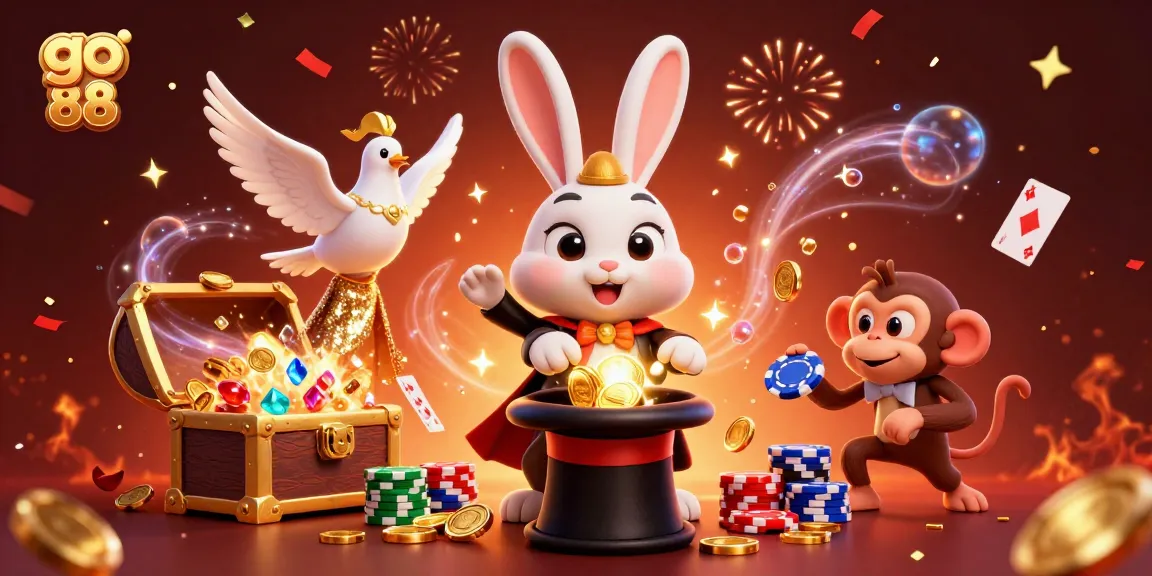 Experience the magic of go 88 casino with animated characters and festive gambling elements.