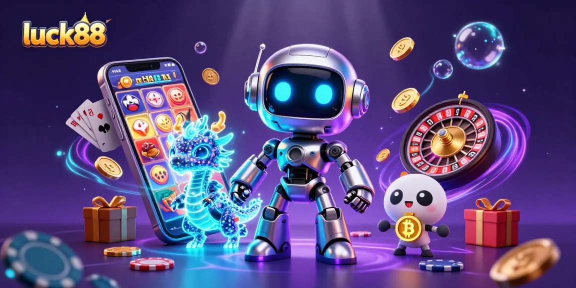 Play exciting casino games at luck88 with a vibrant 3D scene featuring a robot and bitcoin.
