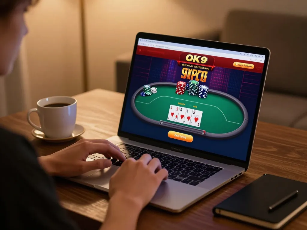 Player engaging with OK9 online casino interface displaying poker gameplay on laptop.