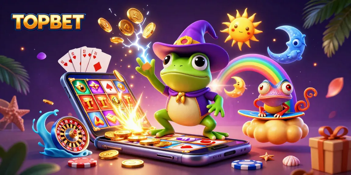Engage with TOPBET's magic as a wizard frog and chameleon create a coin storm.