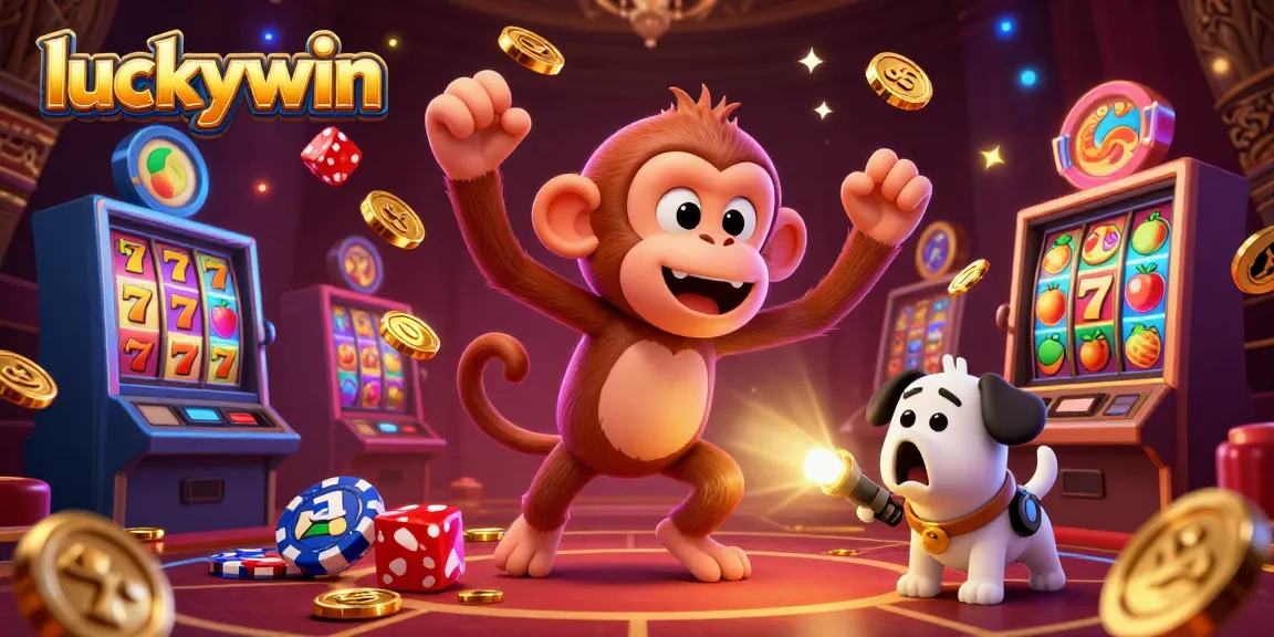 Engage with luckywin at a lively casino with juggled gold and playful characters in a vibrant scene.