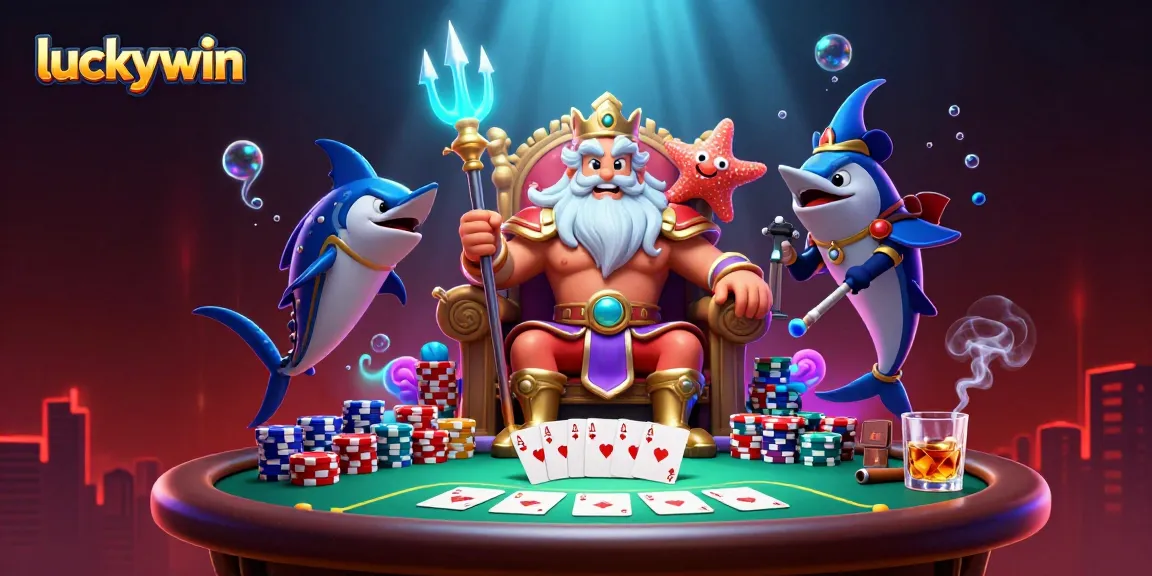 Win big at luckywin with an epic poker scene featuring Neptune and playful characters.