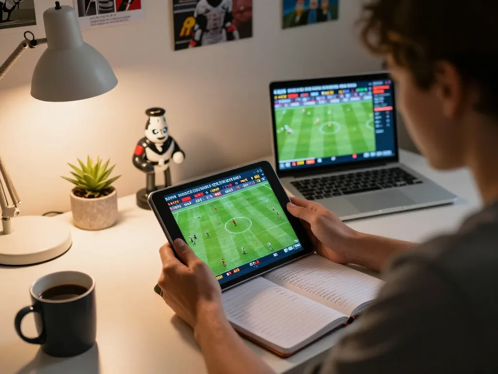 Luck8 player engaging with a sports betting app at home, showcasing focused strategy moments.