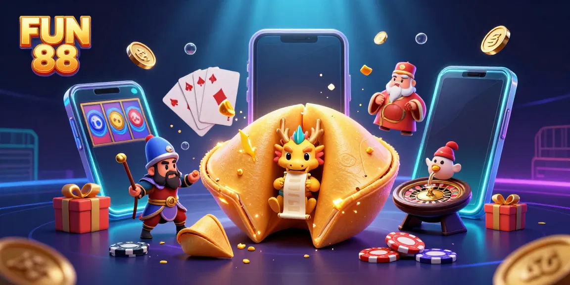 Experience the excitement of FUN 88 with a vibrant digital casino scene featuring a golden fortune cookie and gaming elements.