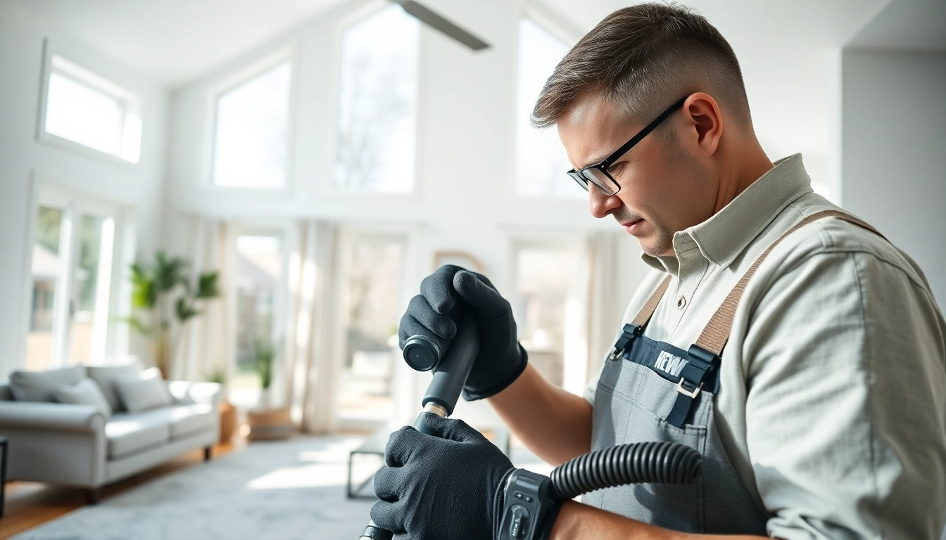 Technician performing non destructive spray foam removal in a bright, modern living room.