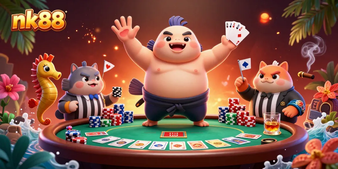 Experience thrilling poker action with nk88's vibrant 3D illustration of casino elements and characters.