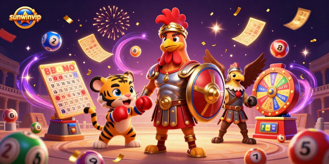 Engage with sunwinvip's dynamic gambling scene featuring a gladiator rooster and thrilling game elements.