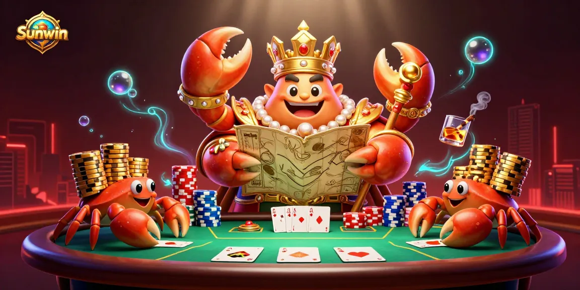 Engage in thrilling adventures with Sunwin's golden crab emperor overseeing a lively poker scene.