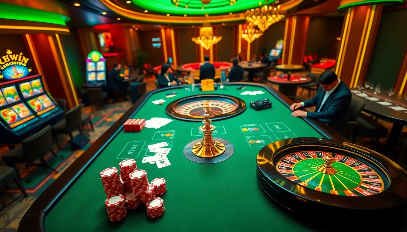 Experience the excitement of kuwin with casino tables and poker chips in a luxurious gaming scene.