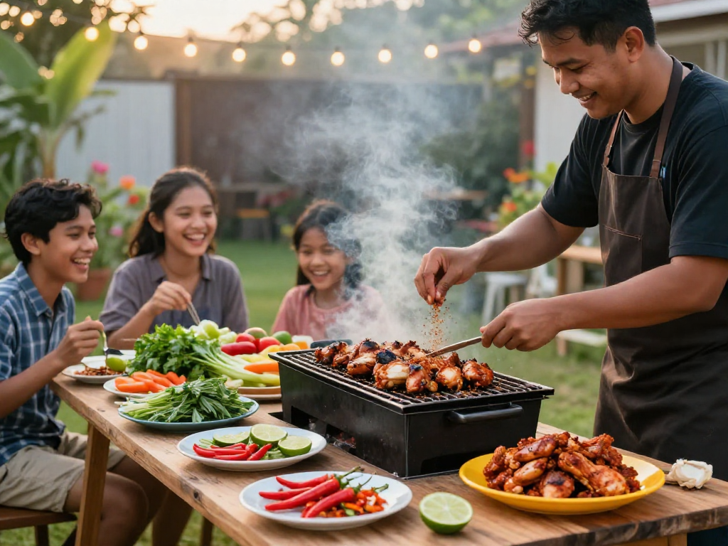 Delicious grilled chicken with sambal rawitan at https://sambalrawitankoko.com outdoor barbecue, vibrant flavors and joyful atmosphere.