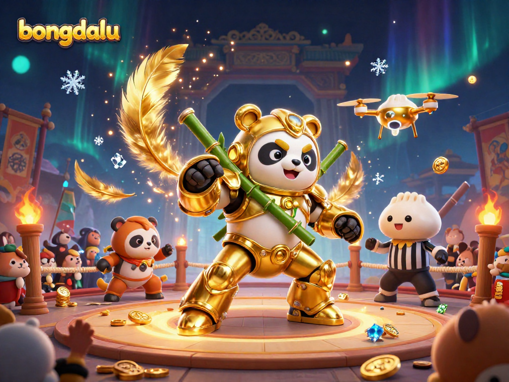 Bongdalu showcases an energetic 3D scene with a golden panda and fighting robot amidst cheering spectators.