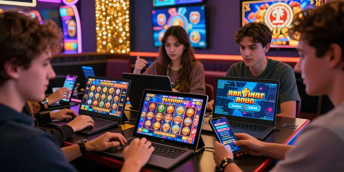 Players engaging with bonus buy slots on crownnorthill.co.uk in a vibrant online casino atmosphere, showcasing excitement.