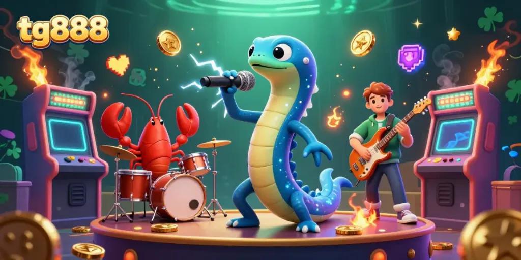 Join the fun at tg888 with a vibrant underwater casino scene featuring a DJ electric eel.