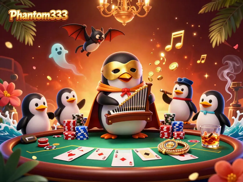 Experience the thrill with Phantom333 as a cartoon penguin plays an organ of coins in a vibrant casino.