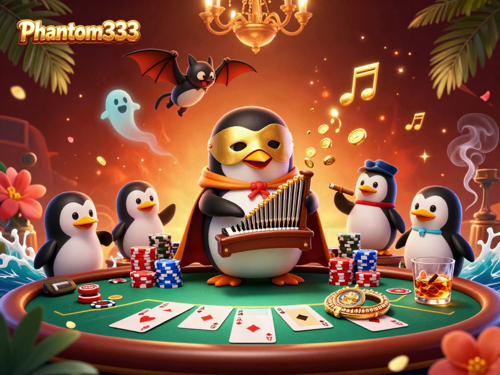 Experience the thrill with Phantom333 as a cartoon penguin plays an organ of coins in a vibrant casino.