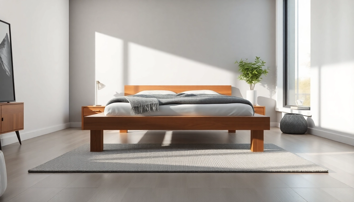 Stylish platform bed frame in a modern bedroom, showcasing sleek design and natural light.