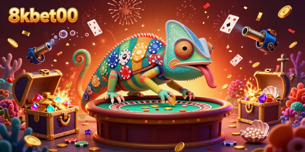Experience thrilling gambling at 8xbet00 with a vibrant scene showcasing a colorful chameleon casino owner and dynamic game elements.