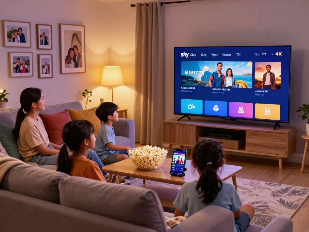 Family enjoying Sky Glass IPTV with vibrant 4K visuals in a cozy living room.