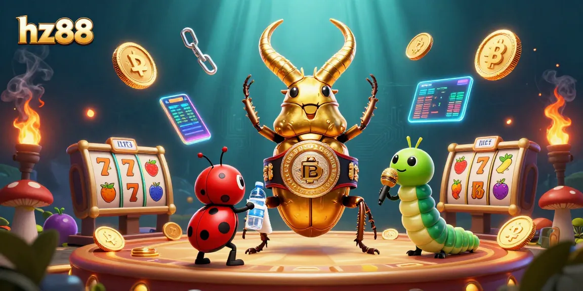 Engage in thrilling gaming action with hz88 as a giant golden stag beetle faces off with vibrant slot elements.