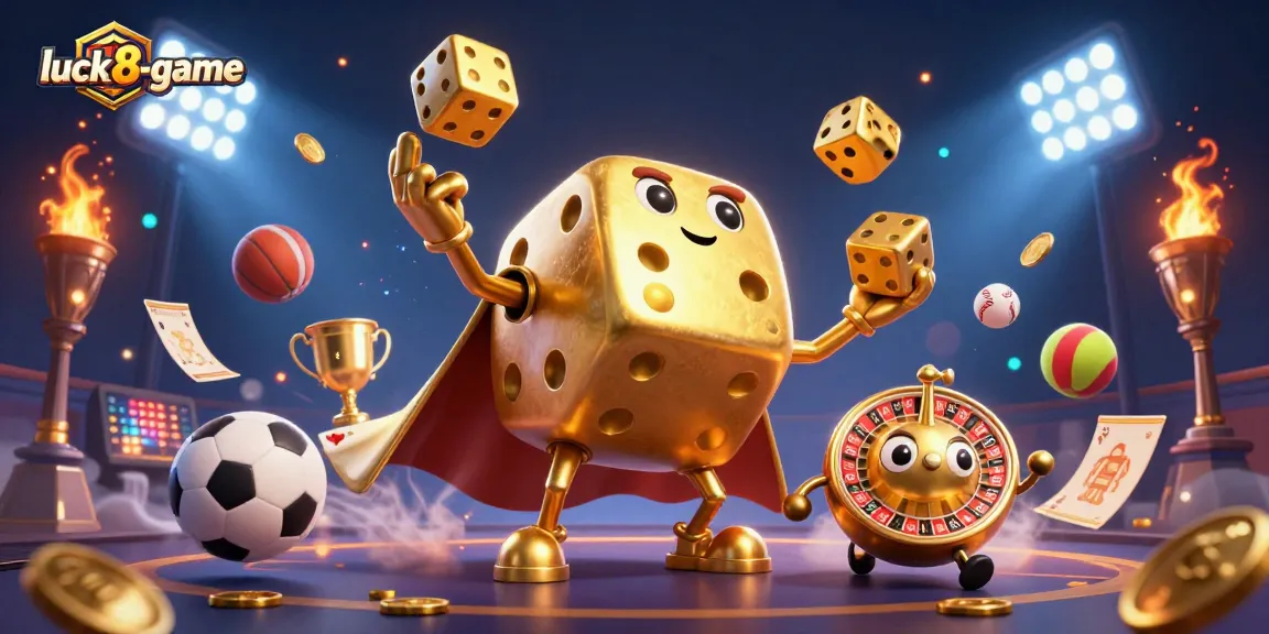 Engage with luck8-game as golden dice juggle amidst dynamic sports elements.