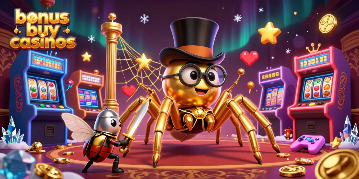 Engage with bonus buy casinos featuring a golden tarantula and beetle knight in a vibrant casino setting.
