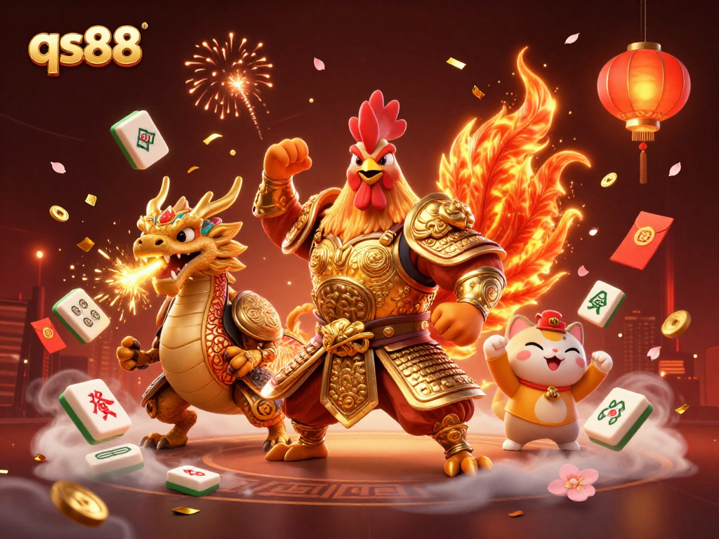 Engage in thrilling gameplay at qs88 with a dynamic scene featuring a powerful rooster and dragon amidst golden symbols.