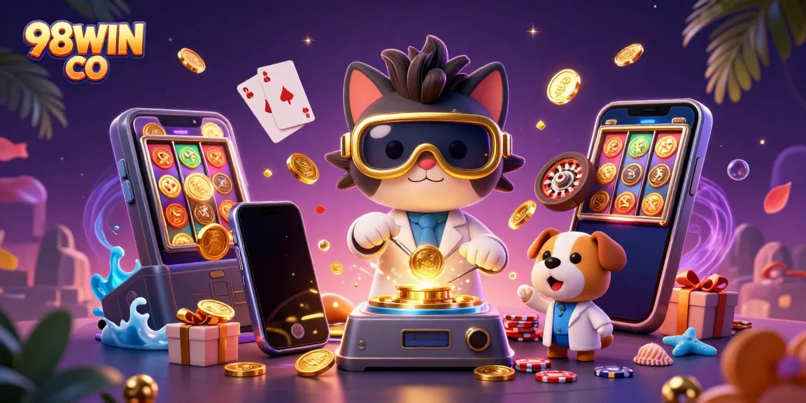 Experience 98WIN CO's thrilling gaming with colorful slot machines and golden coins!