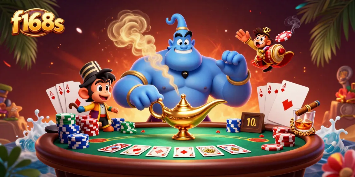 Experience the thrill of f168s with a vibrant cartoon scene featuring a blue genie and poker elements.