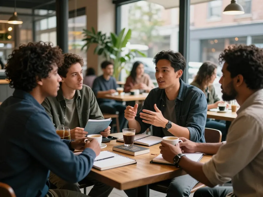 Men at a manclub gathering engaging in meaningful conversations over coffee in a cozy café setting.
