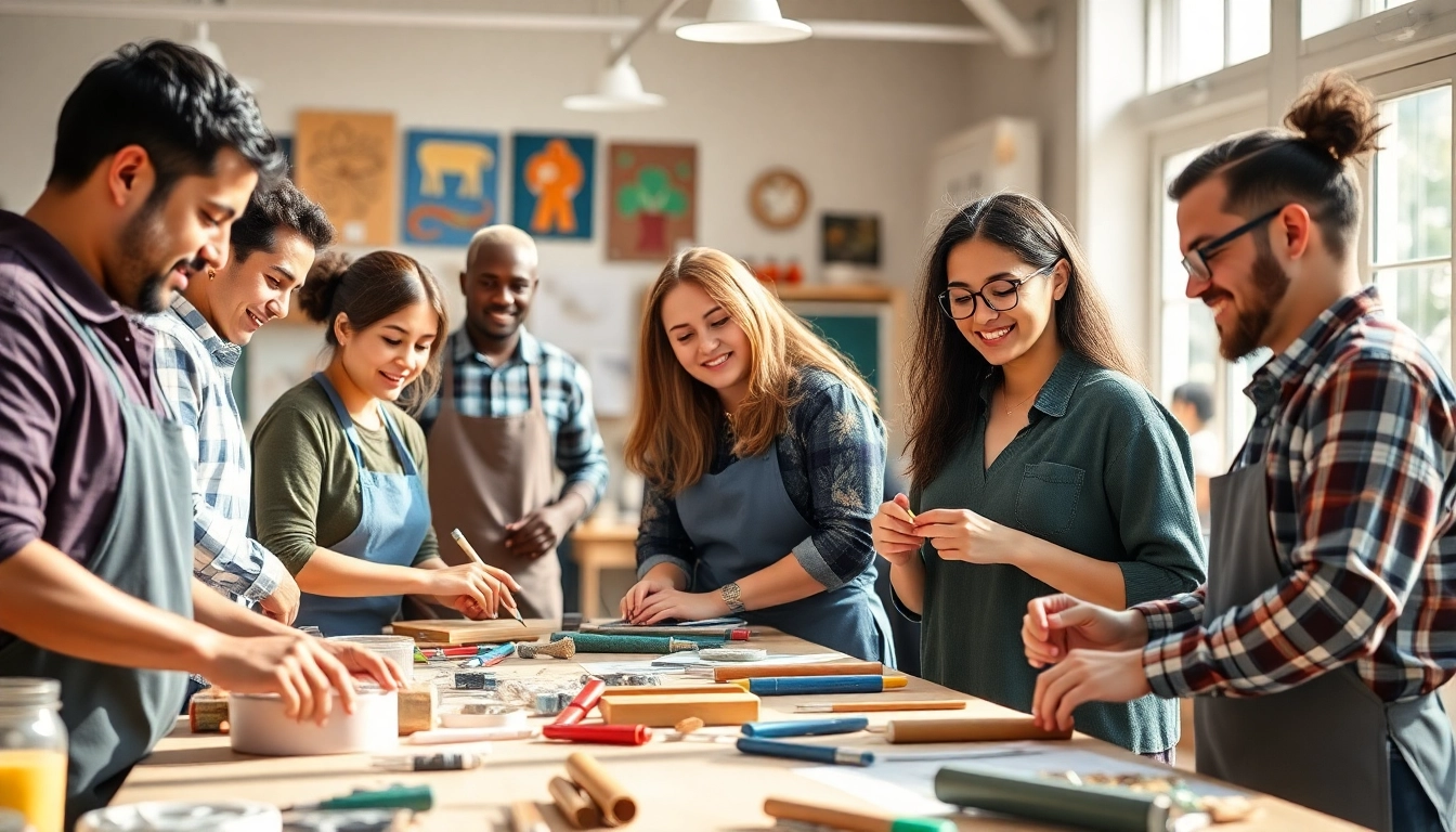 Engaged participants in craft training programs showcase skills and creativity in a vibrant community center setting.