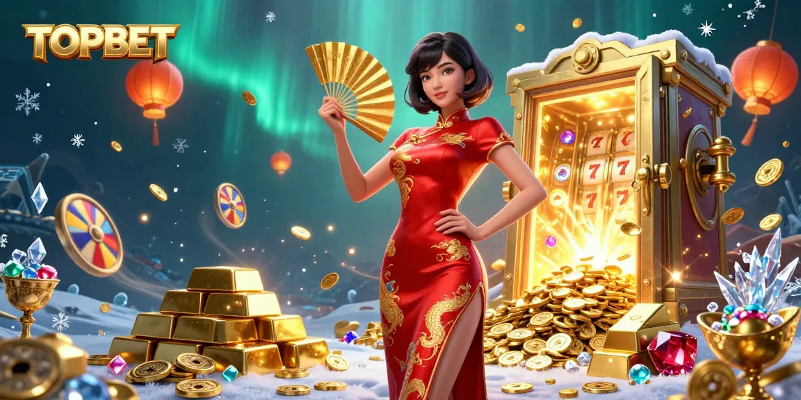 Engage in thrilling games at TOPBET, featuring a vibrant scene with gold coins and slot reels.