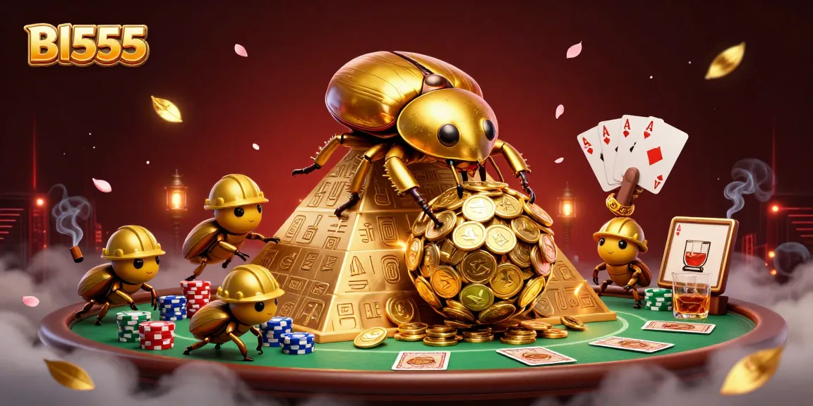 Join Bl555 for exciting casino action with golden coin beetles and poker elements.