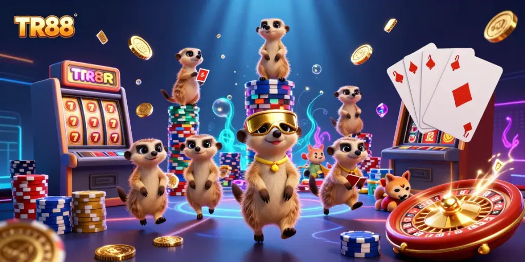 Engage with TR88 slot machines and meerkats in an exciting casino scene
