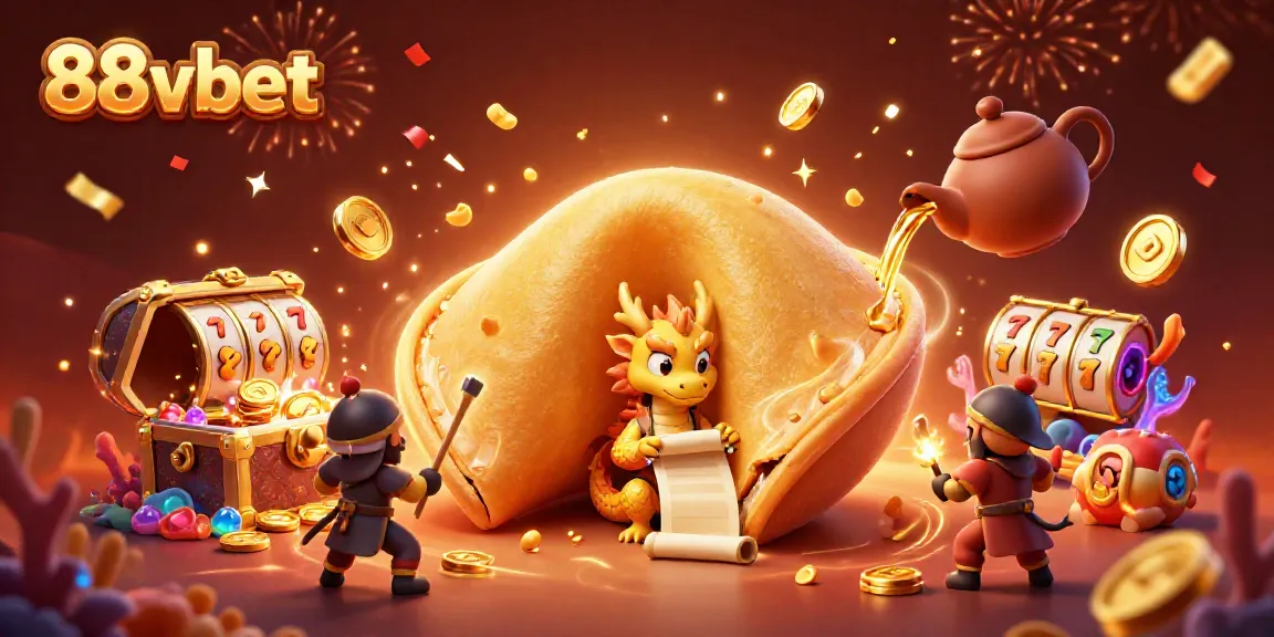 Celebrate with 88vbet as fortune cookies and dragons unite in a vibrant casino atmosphere.