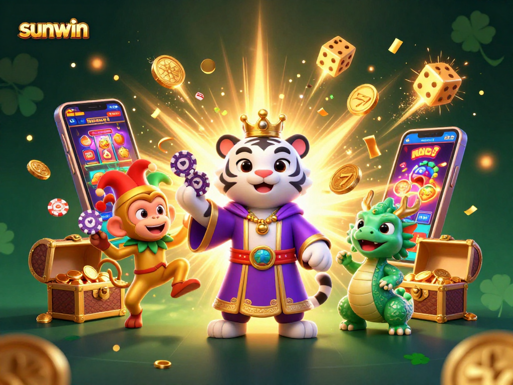 Experience the excitement of sunwin with a vibrant 3D casino scene featuring playful characters and dynamic game elements.