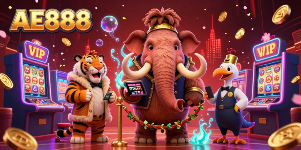 Engage with AE888's vibrant casino atmosphere featuring a woolly mammoth bouncer, a saber-tooth tiger guest, and dynamic gaming elements.