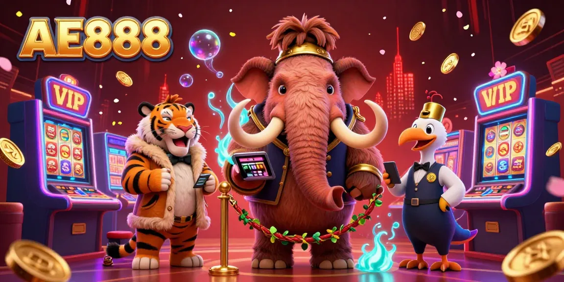 Engage with AE888's vibrant casino atmosphere featuring a woolly mammoth bouncer, a saber-tooth tiger guest, and dynamic gaming elements.