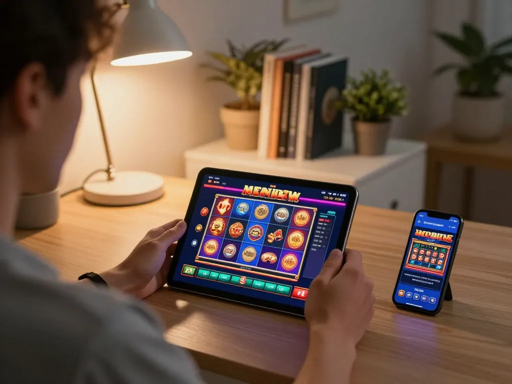 Engaging in online gaming with the Link vào NOHU90 displayed on tablet, showcasing vibrant slots in cozy home office.