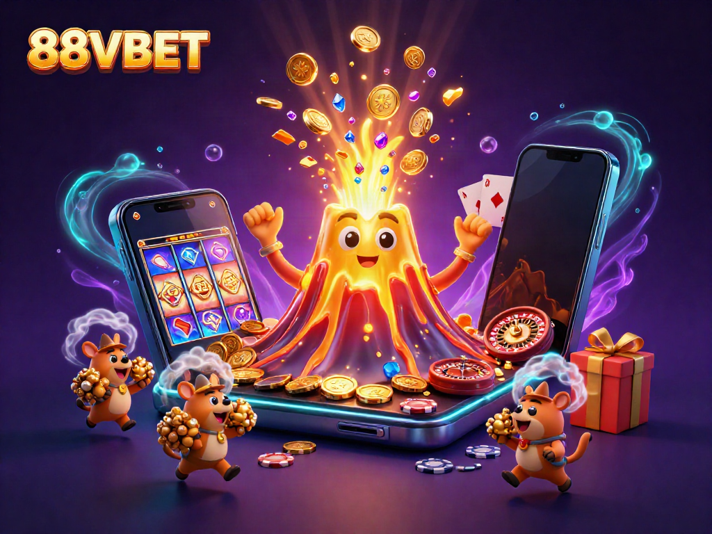 Experience the excitement of 88VBET on a vibrant scene with a golden volcano, treasures, and casino elements.
