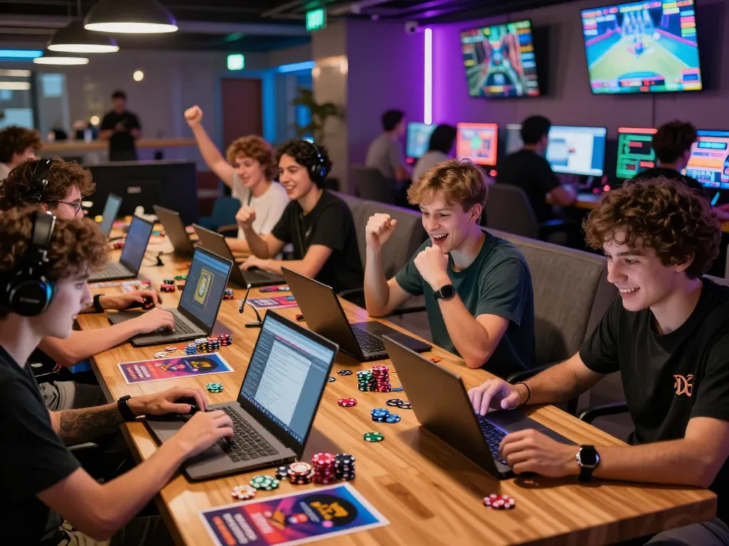 Engaged users in a gaming lounge celebrating wins while tải sunwin on their devices, capturing vibrant atmosphere and interaction.