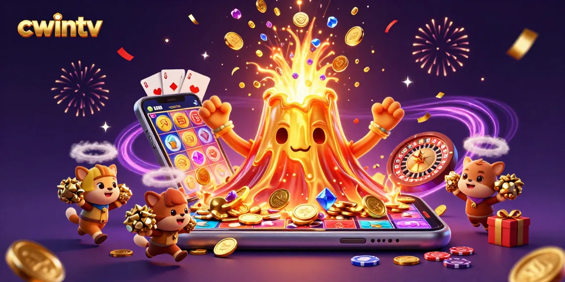 Experience the excitement of cwintv with a golden volcano and treasures erupting, showcasing thrilling casino elements.
